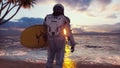 An astronaut is about to surf on a surfboard in the endless ocean on an alien planet. The image is for fantastic, the Royalty Free Stock Photo