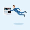 Astronaut training flat vector illustration. Cosmonaut pressing button on spaceship control panel cartoon character