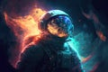 An astronaut travels through deep space in the middle of a nebula. A mystical esoteric mood