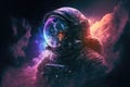 An astronaut travels through deep space in the middle of a nebula. A mystical esoteric mood