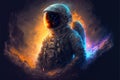 An astronaut travels through deep space in the midst of stunning, colorful nebulae. A mystical esoteric mood