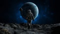 Astronaut treks across a barren moonscape with a large, cratered planet and its moon looming above. 3d render