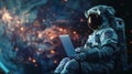 Astronaut Typing on Laptop in Space Suit