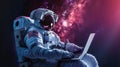 Astronaut Typing on Laptop in Space Suit