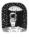 Astronaut with an umbrella under the stellar rain. Hand drawn vector illustration.