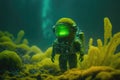 Astronaut underwater with huge algae. Moss-covered suit