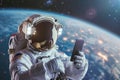 Astronaut using mobile phone in space, Generative AI