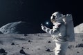 Astronaut using smartphone standing on the Moon