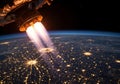 Astronaut view space shuttle engine plume above earth city lights orbit Royalty Free Stock Photo