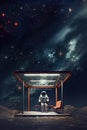 Astronaut waits at a bus stop on a faraway planet under an alien sky, surreal sci-fi concept. Generative AI