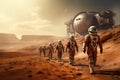 Astronaut walk3D rendering. Vintage style, A group of astronauts walking on Mars to explore, AI Generated