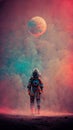 Astronaut walk in planet in galaxy. Colorful Galaxy. Astronaut in outer space. AI created a digital art illustration