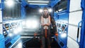 Astronaut walk in sci-fi interior. Martian. Sci -fi concept. 3d rendering.