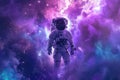 Astronaut Walking Through Clouds in Space Suit, A high-tech redesigned astronaut space suit amidst a fantastical galaxy of purples