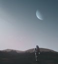 Astronaut walking on dark landscape with mountain at sunset with moon and birds. Fantasy digital painting, 3D rendering Royalty Free Stock Photo