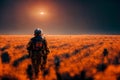 astronaut walking in deep cavern on the moon at a very early dawn