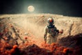 astronaut walking in deep cavern on the moon at a very early dawn