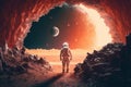 astronaut walking in deep cavern on the moon at a very early dawn