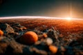 astronaut walking in deep cavern on the moon at a very early dawn