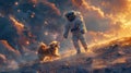 Astronaut Walking Dog on Leash Royalty Free Stock Photo