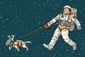 Astronaut walking dog in a space suit