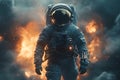 Astronaut walking through explosions in space adventure concept art Royalty Free Stock Photo