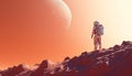 Astronaut walking on Mars or foreign planet. Concept of discovery, science and new frontiers. Minimalistic wallpaper