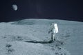 Astronaut is walking on the moon. With land on the horizon. Elements of this image were furnished by NASA