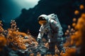 Astronaut walking on the moon like surface, cultivating golden plants Royalty Free Stock Photo