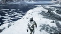 The astronaut is walking on a new unknown snow planet under alien constellations and nebulae. Animation for fantasy