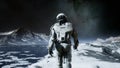 The astronaut is walking on a new unknown snow planet under alien constellations and nebulae. Animation for fantasy