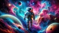 an astronaut walking in space, carrying planets and stars and surrounded by nebulas