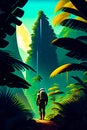 astronaut walking in to the wild jungle illustration aesthetic vibes. tropical island with palm tree vector illustration Royalty Free Stock Photo