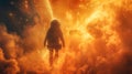 Astronaut walks on a burning exploding space planet.