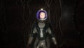 An astronaut walks through a creepy alien cave inhabited by nightmarish creatures. The concept of colonizing distant