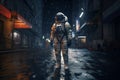 Astronaut walks on dark city street. Generate ai Royalty Free Stock Photo