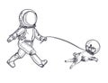 Astronaut walks with a dog. A dog in space. Coloring Page.