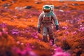 Astronaut walks in a field full of colorful flowers on an alien planet. Generative AI