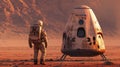Astronaut walks near spacecraft or Mars lander, spaceman and Martian spaceship on red mountain background. Concept of planet, Royalty Free Stock Photo
