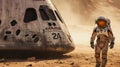 Astronaut walks near spaceship on Mars, scene on deserted planet during space mission. Spaceman stands by spacecraft. Concept of Royalty Free Stock Photo