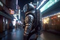 Astronaut walks in night city. Generate ai