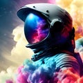 An astronaut is watching space, unknown planets from spaceship. Neon lights, futuristic concept