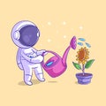 Astronaut is watering sunflowers vigorously