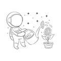 Astronaut is watering sunflowers vigorously for coloring