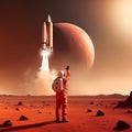 Astronaut waving hand to a spaceship in the planet Mars landscape. AI