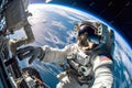 Astronaut spaceman do spacewalk while working for space station in outer space