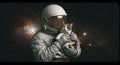 An astronaut wearing a light gray spacesuit and helmet holds a cat against a Royalty Free Stock Photo