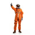 Astronaut wearing an orange spacesuit and right hand pointing finger up