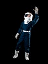 An astronaut in weightlessness reaches up with his hand.