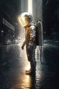 Astronaut wet road silver gilded helmet science fiction decopunk interstellar